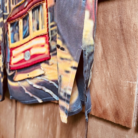 Vintage Printed San Fransisco Trolley Car Silk Gray Ivory Beaded Blouse Shirt L - Picture 4 of 15